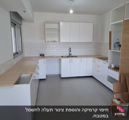 מטבח בשיפוץ עם ארונות לבנים ומשטחי עץ